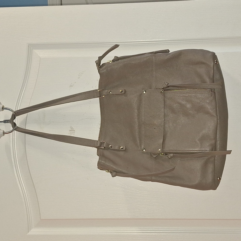 Kooba Tote Womens Taupe Leather Everette Shoulder Bag Pockets Zip Closure